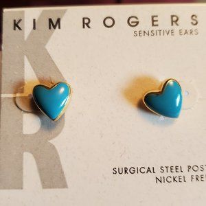 Gold Tone Teal Kim Rogers Heart Theme Stud Earring